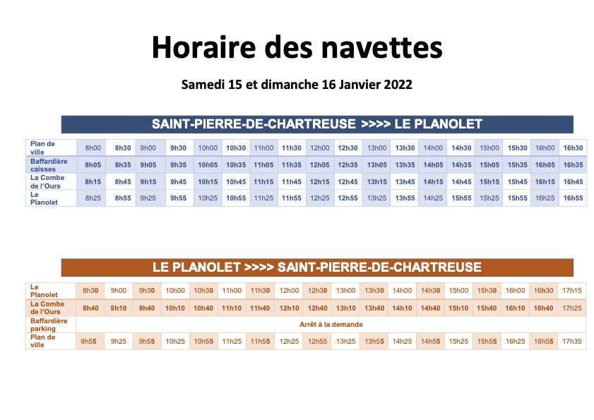 Horaires des navettes samedi 15 et dimanche 16 janvier 2022 Commune